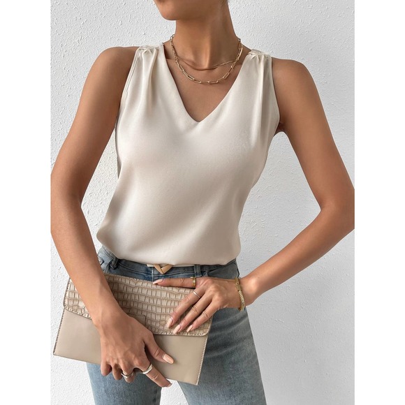 minimalist Solid V Neck Tank Top workwear office business casual cream - Picture 1 of 12